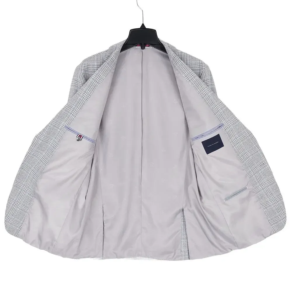 Tommy Hilfiger Mens Modern Fit Sport Coat 46L Light Grey Blue Plaid Stretch NWT